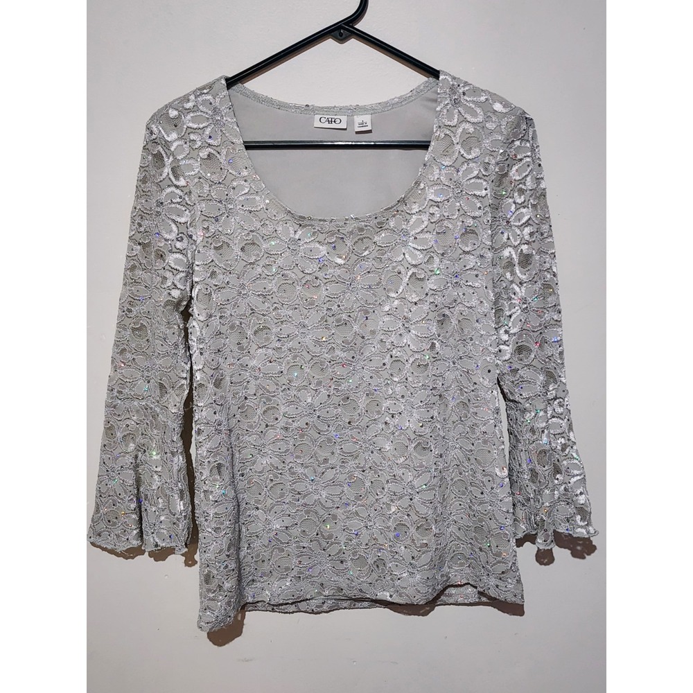 Cato Fairy Embelished Blouse With Bell Sleeves Sequin Gray Flowers Double Layer